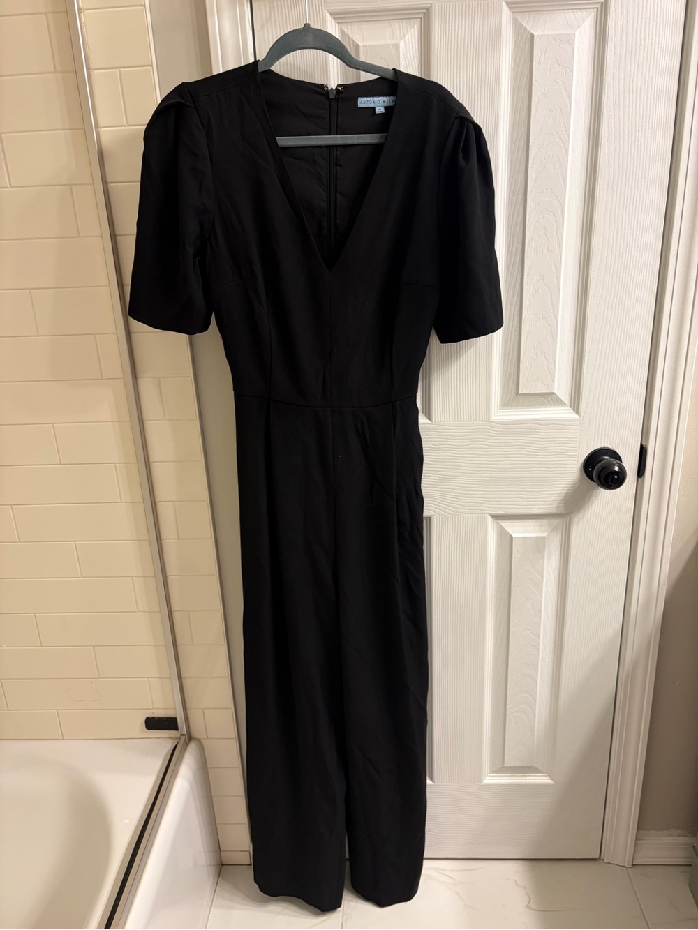 ANTONIO MELANI Black V-Neck Jumpsuit with Short Puff Sleeves